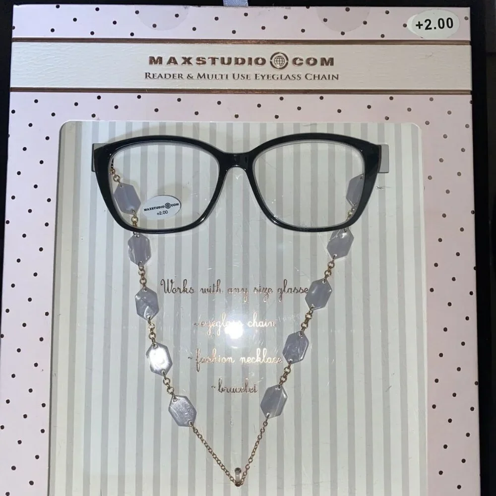 + 2.00 Max Studio womens black Reading glasses  Eyeglass Fashion Necklace Chain